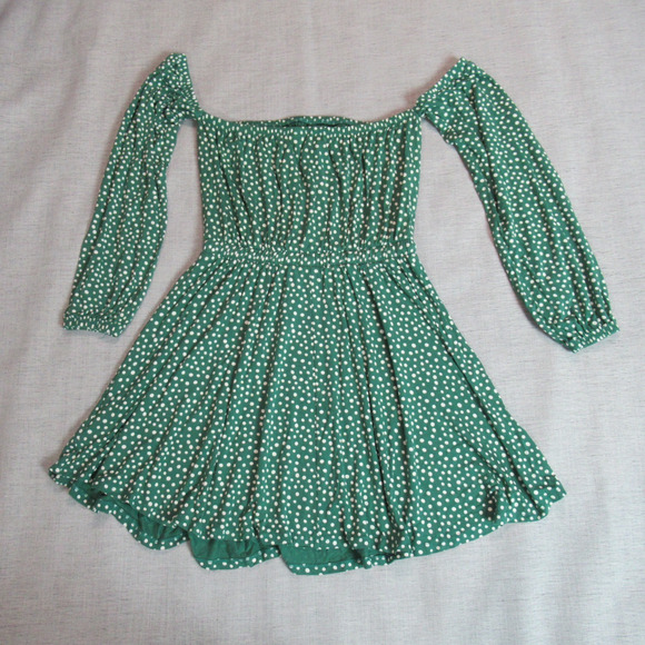 Asos Dress Womens 6 Green Polka Dot Long Sleeve Off The Shoulder Picnic Preppy - Picture 6 of 11